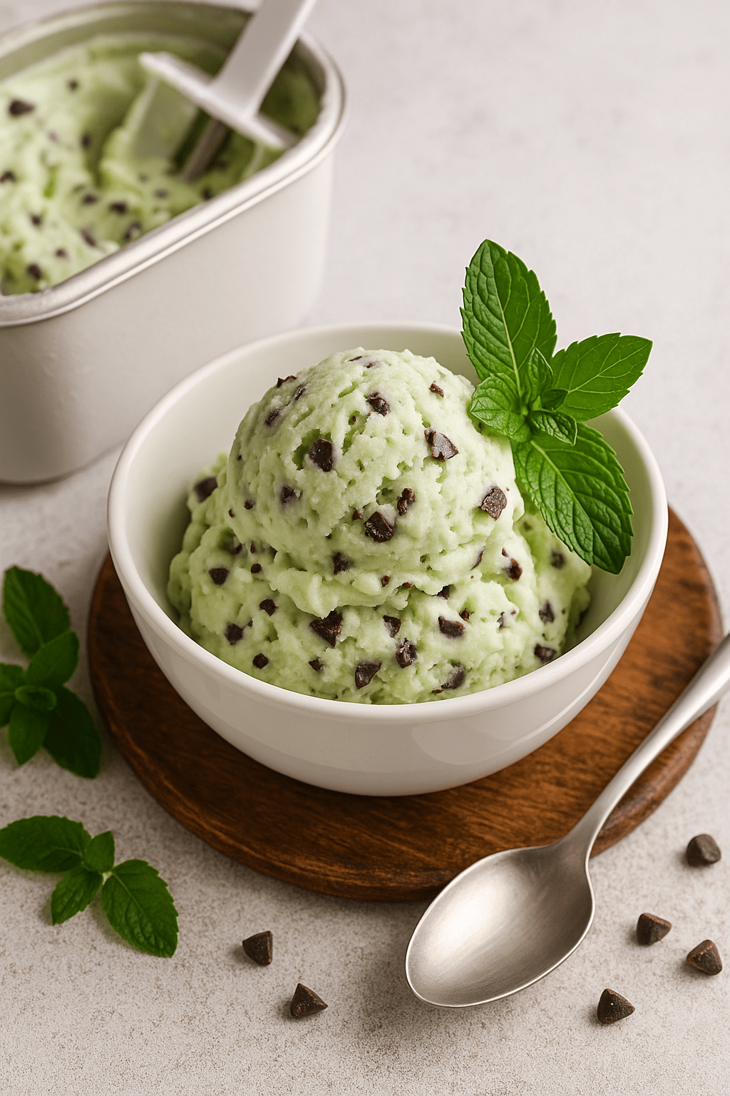 Helado de menta casero Helado de menta casero con chips de chocolate en bol blanco, decorado con hojas de menta fresca.