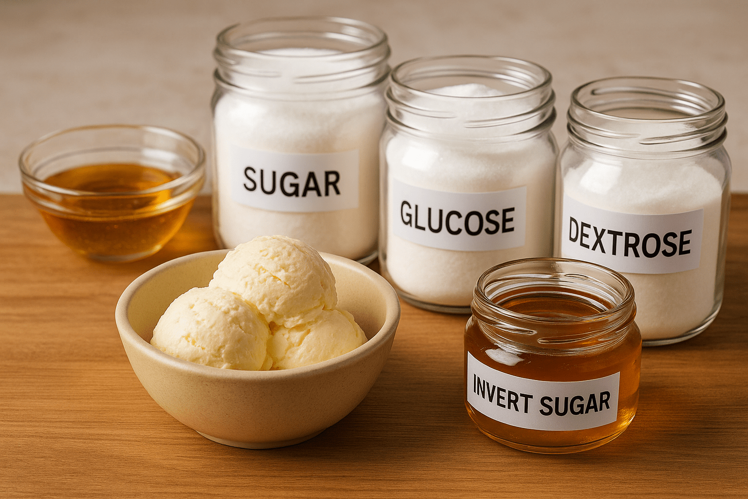azucares-para-helado-casero-guia Ingredientes de heladería casera: tarros de azúcar, glucosa, dextrosa y azúcar invertido junto a un bol con helado cremoso.