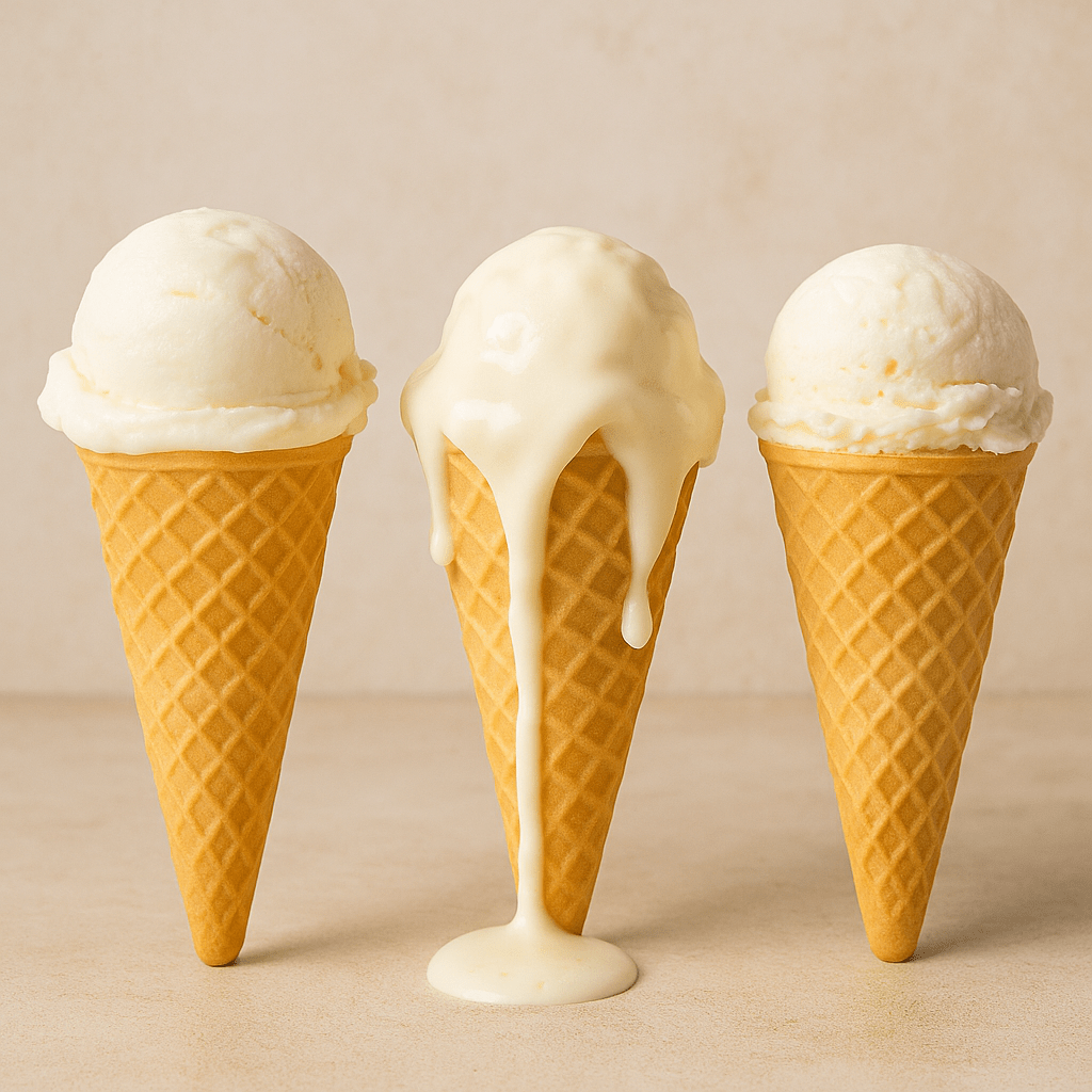 como-evitar-que-el-helado-se-derrita Tres cucuruchos de helado de vainilla, uno perfecto, otro derritiéndose y otro firme, mostrando diferentes estados.