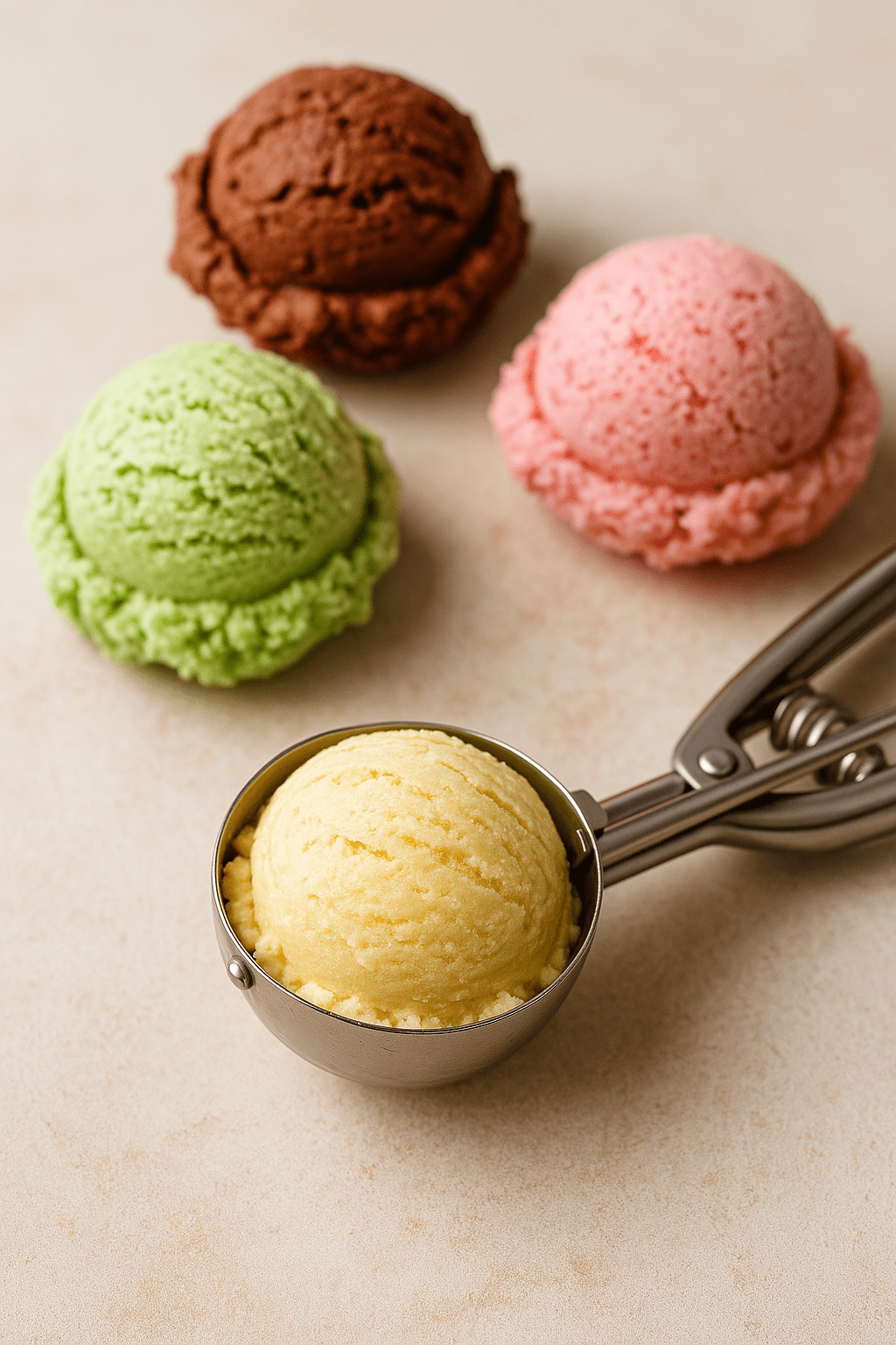 cucharas-sacabolas-helado-2025 Sacabolas de acero inoxidable sirviendo una bola de helado de vainilla, con bolas adicionales de helado de fresa, chocolate y menta en el fondo.