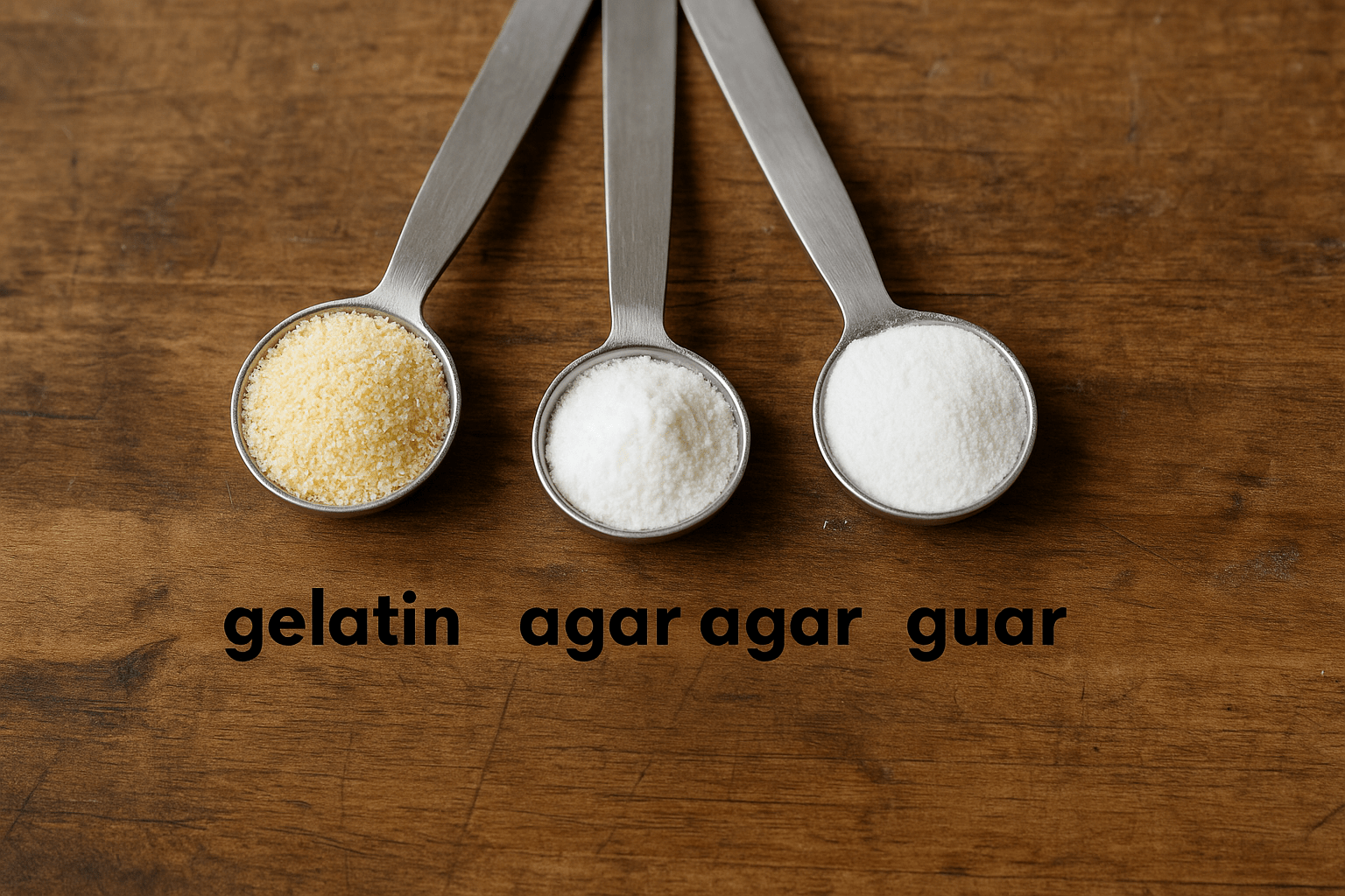 estabilizantes-caseros-helados Cucharillas de acero inoxidable con gelatina, agar agar y goma guar sobre mesa de madera rústica.