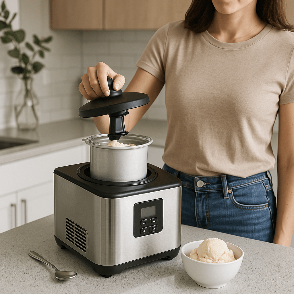heladeras-silenciosas-2025 Mujer utilizando una heladera silenciosa en una cocina moderna, con un bol de helado servido al lado.