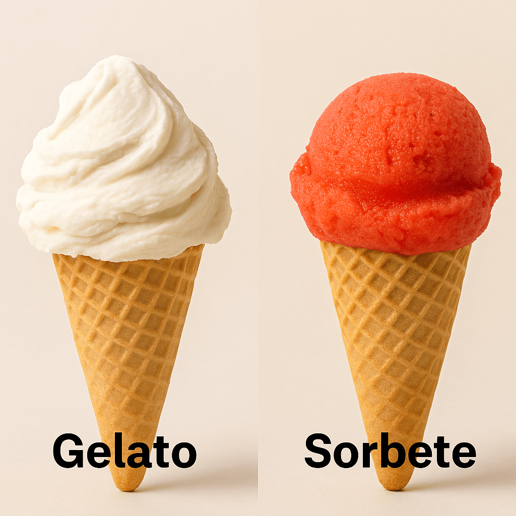 heladeras-sorbete-vs-gelato Helado cremoso de gelato en cucurucho junto a un sorbete frutal de color rojo intenso en otro cucurucho.