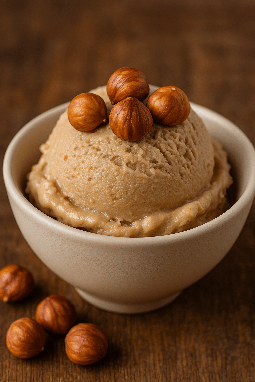 helado-avellana-casero-gianduja Helado de avellana casero servido en un bol de cerámica con avellanas tostadas enteras encima.