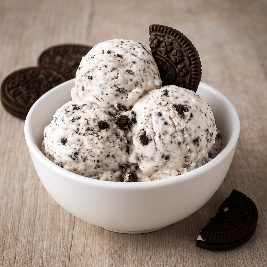 helado-cookies-and-cream-casero Helado cookies and cream casero servido en bol blanco con trozos de galleta Oreo