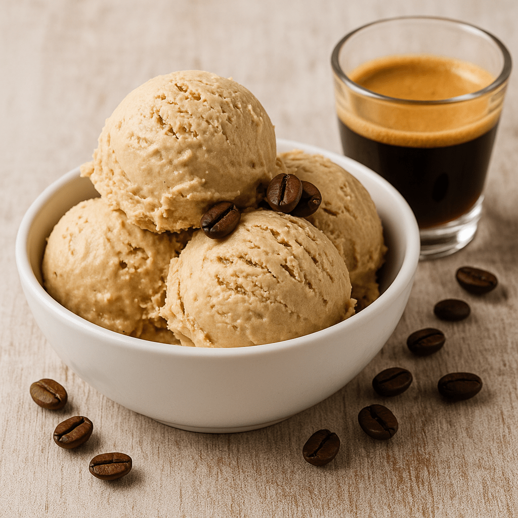 helado-de-cafe-casero Helado de café casero servido en bol blanco con granos de café y un vaso de espresso al lado.
