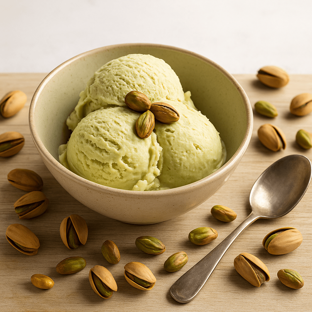 helado-de-pistacho-casero Helado de pistacho casero servido en un bol con pistachos tostados alrededor