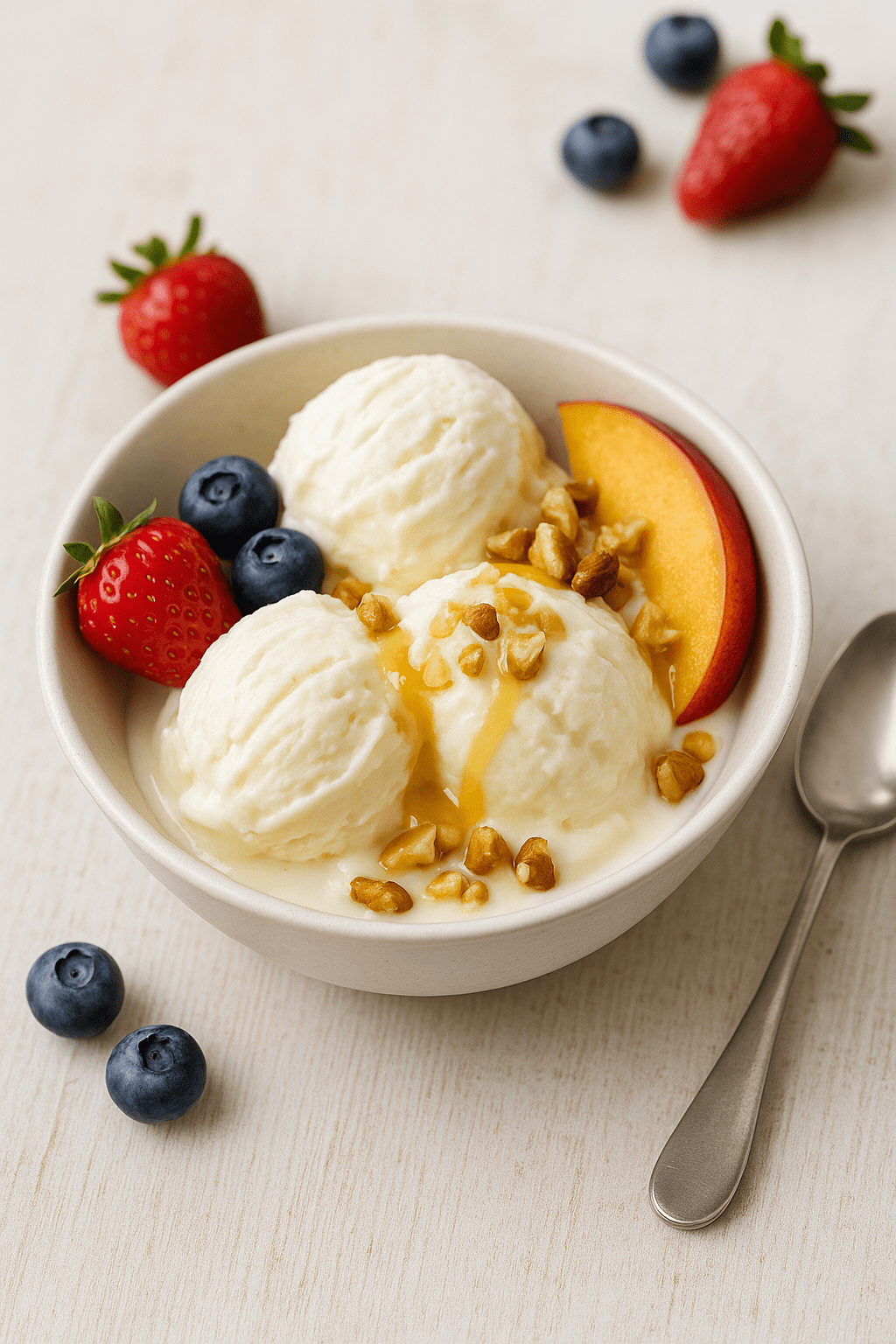 helado-de-yogur-griego-casero Helado de yogur griego casero servido en un bol con frutas frescas y miel