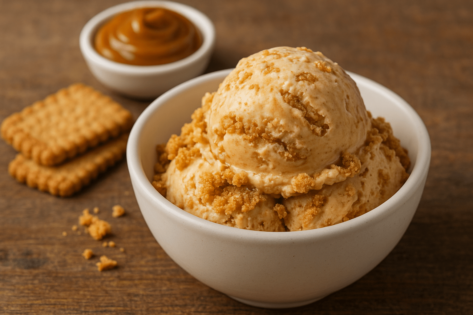 helado-dulce-de-leche-casero-swirl-galleta Helado de dulce de leche casero con crumble de galleta en bol blanco sobre mesa rústica.