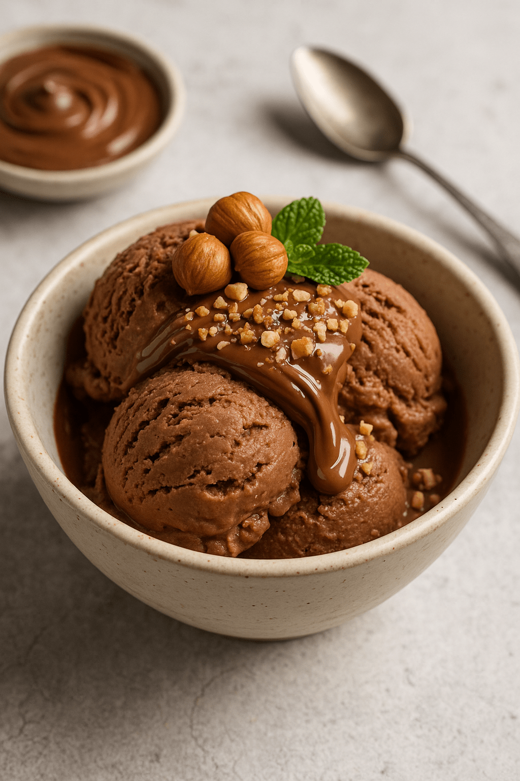 helado-nutella-casero Helado de Nutella casero servido en un bol rústico con avellanas, sirope de chocolate y decoración de menta fresca.