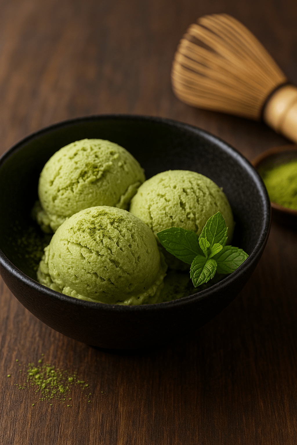 helado-te-matcha-casero Tres bolas de helado de té matcha casero en un bol negro con polvo de matcha y decoración de menta fresca.