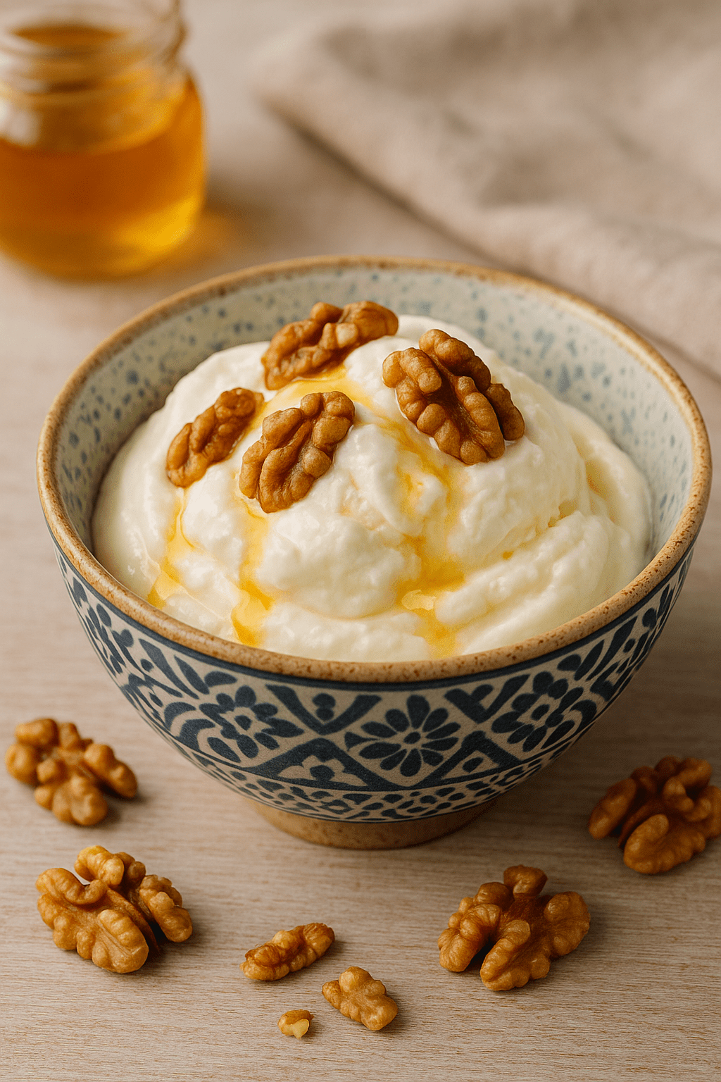 helado-yogur-griego-casero-miel-nueces Helado de yogur griego casero con miel y nueces servido en un bol de cerámica con diseño azul.
