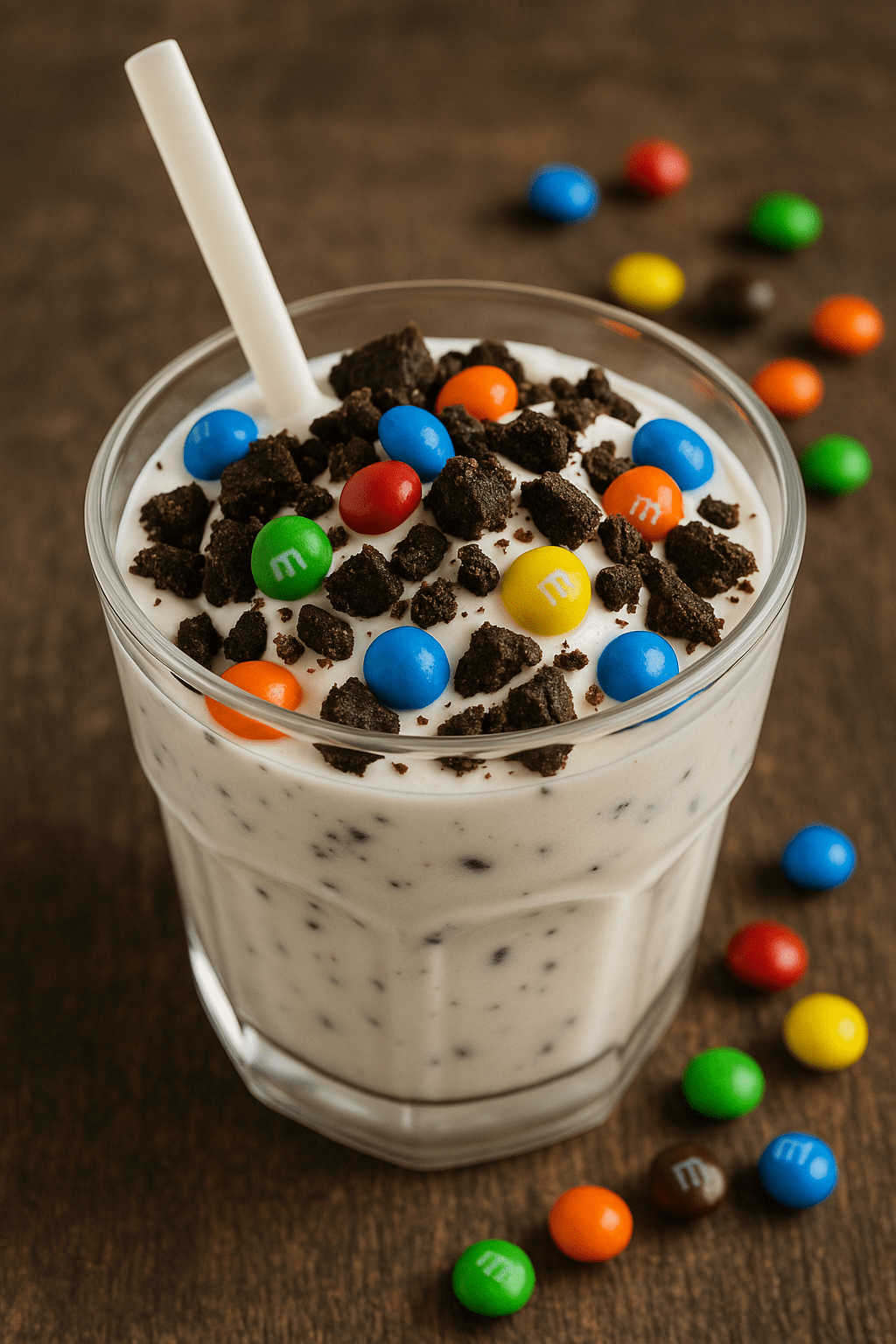 mcflurry-casero-oreo-mms McFlurry casero en vaso transparente con helado de vainilla, Oreo trituradas y M&M’s de colores.
