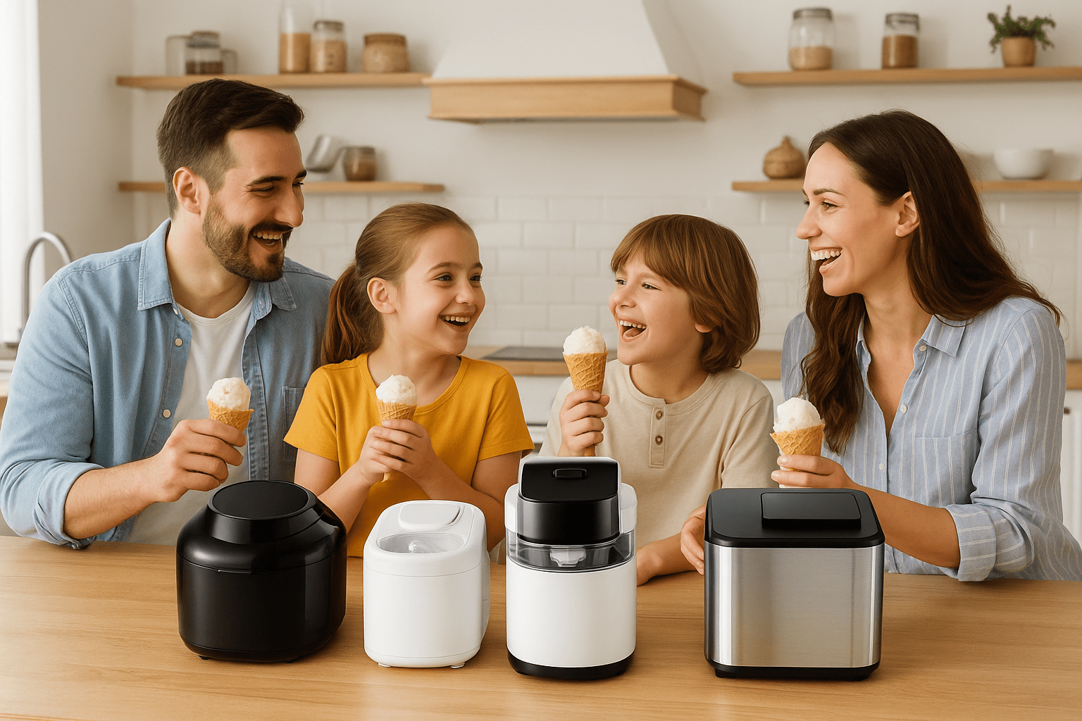 mejor-heladera-familiar-2025-familia Familia feliz de cuatro personas comiendo helado casero en cucuruchos junto a tres heladeras en una cocina moderna.