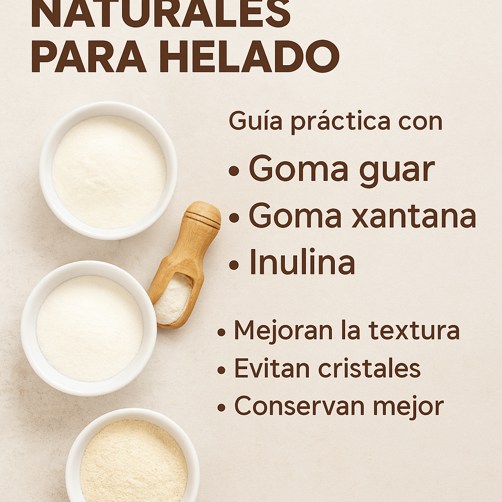 mezcla-estabilizantes-helado Goma guar, goma xantana e inulina sobre mesa de cocina