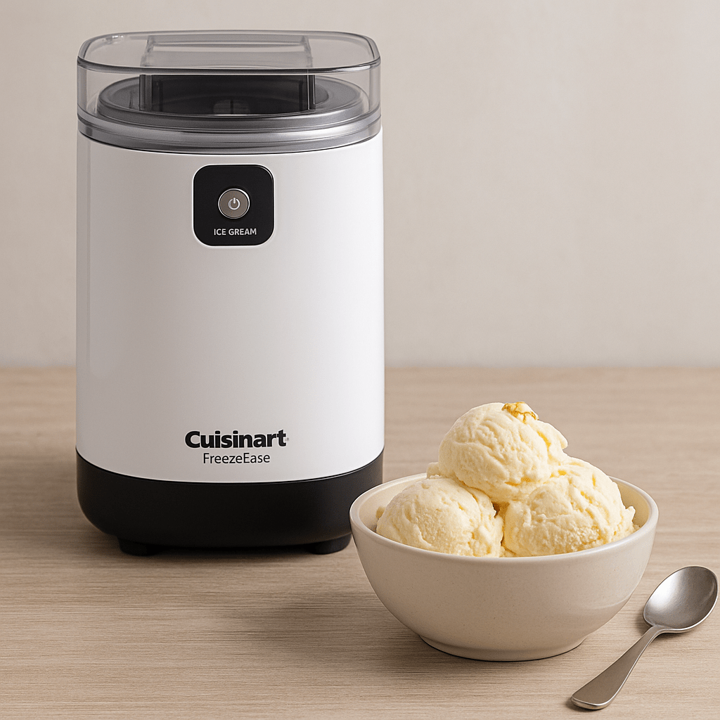 review-cuisinart-freezeease Heladera Cuisinart FreezeEase con un bol de helado casero cremoso en la mesa