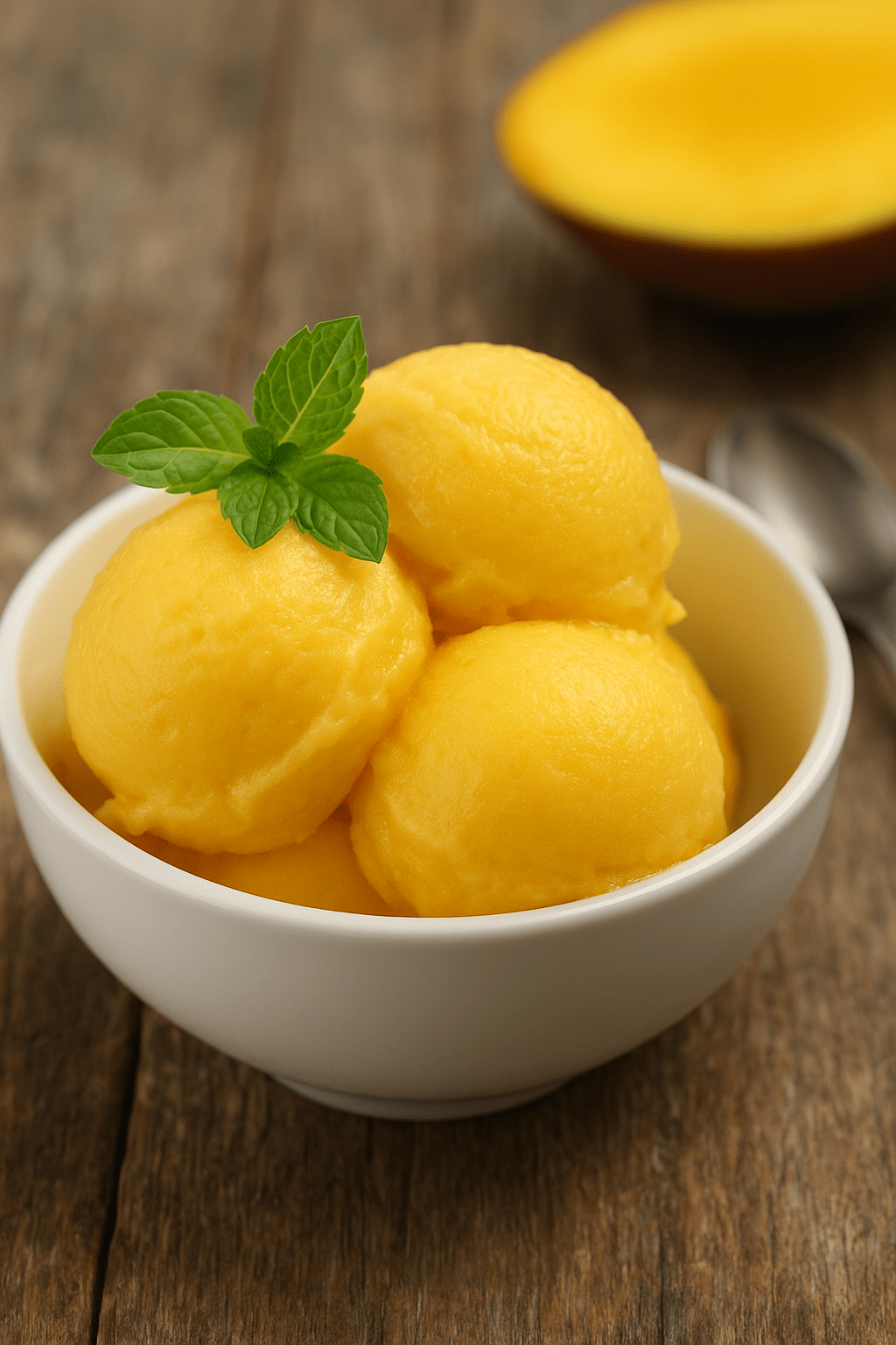 sorbete-mango-casero-cremoso Sorbete de mango casero cremoso servido en bol blanco con hojas de menta fresca.
